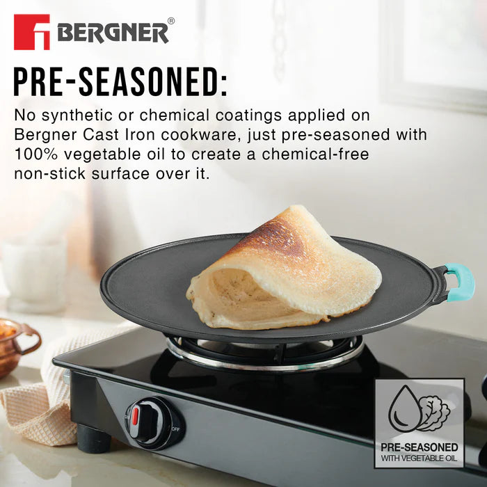 Eco Cast Iron 30 cm Flat Tawa | One Handle Design | Even Heat Distribution