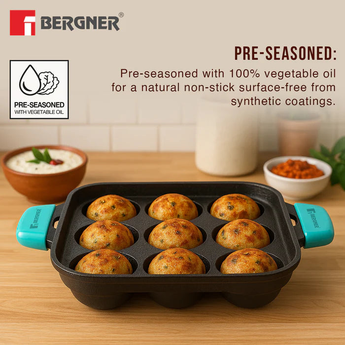Eco Cast Iron Paniyarakkal 9 Pits | Square Appam & Appe Pan | Induction Ready