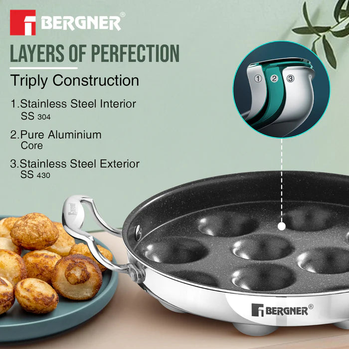 Argent Samsara Tri-Ply Stainless Steel Paniyaram Pan (11 Pits) | Induction Bottom | Healthy Cooking