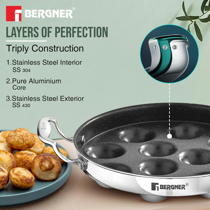 Argent Samsara Tri-Ply Stainless Steel Paniyaram Pan (11 Pits) | Induction Bottom | Healthy Cooking