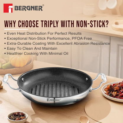 Argent Samsara Tri-Ply Stainless Steel Round Grill Pan | Induction Bottom | Fast & Even Heating