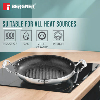 Argent Samsara Tri-Ply Stainless Steel Round Grill Pan | Induction Bottom | Fast & Even Heating
