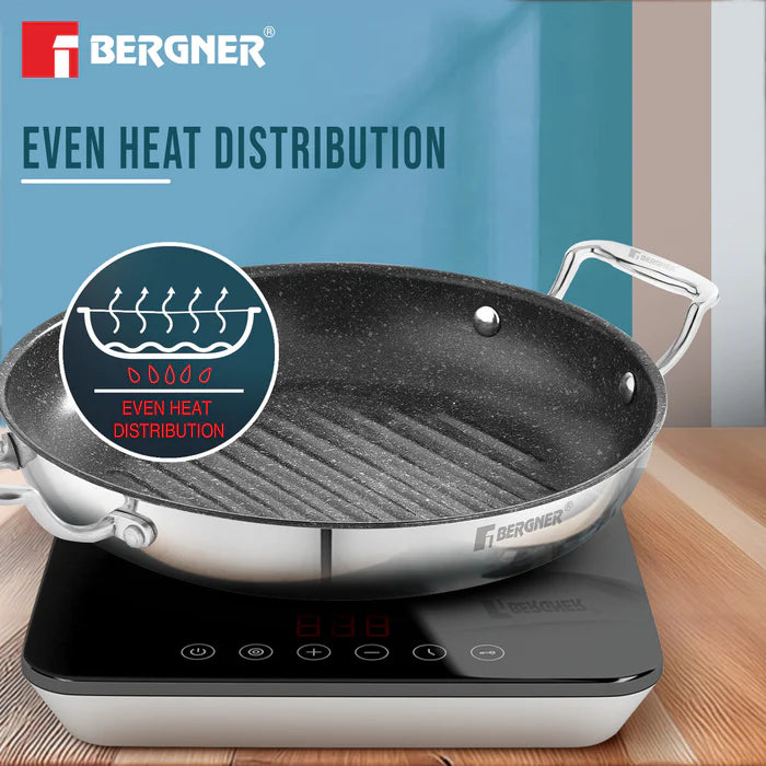 Argent Samsara Tri-Ply Stainless Steel Round Grill Pan | Induction Bottom | Fast & Even Heating