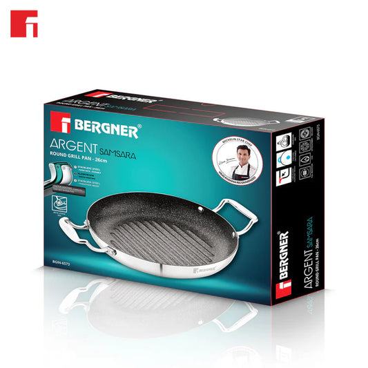 Argent Samsara Tri-Ply Stainless Steel Round Grill Pan | Induction Bottom | Fast & Even Heating