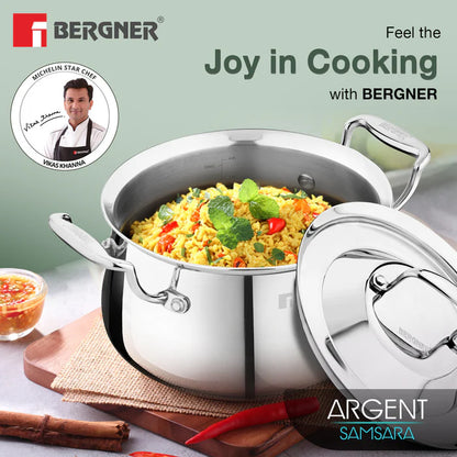 Argent Samsara Tri-Ply Stainless Steel Biryani Handi | Induction Bottom | Durable & Food-Safe Cookware