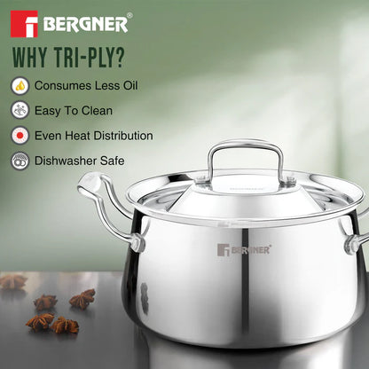 Argent Samsara Tri-Ply Stainless Steel Biryani Handi | Induction Bottom | Durable & Food-Safe Cookware