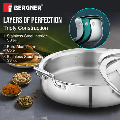 Argent Samsara Tri-Ply Stainless Steel Biryani Handi 28 cm (4.25 L) | Induction & Gas Compatible | Cook & Serve