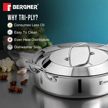 Argent Samsara Tri-Ply Stainless Steel Biryani Handi 28 cm (4.25 L) | Induction & Gas Compatible | Cook & Serve