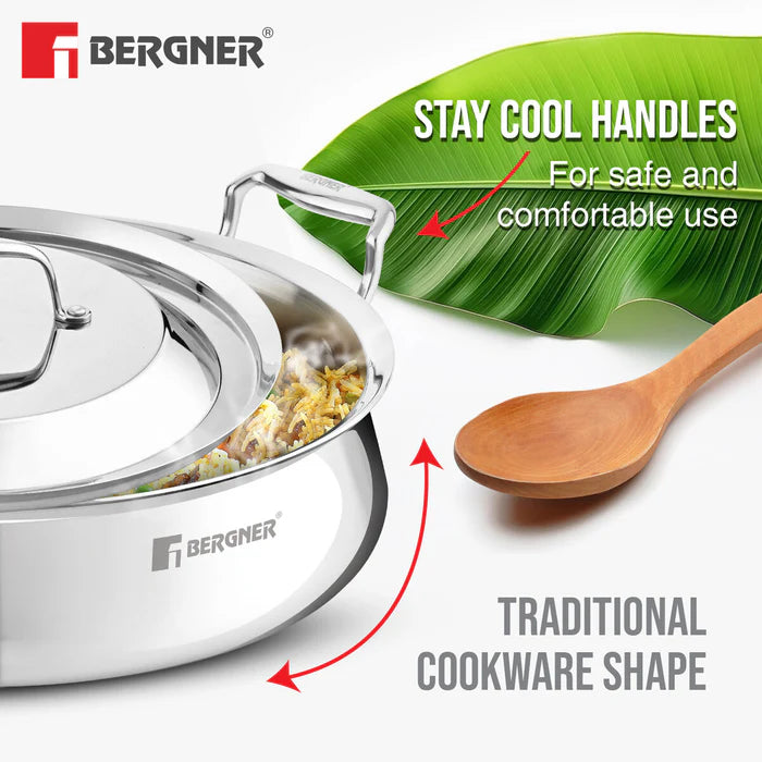 Argent Samsara Tri-Ply Stainless Steel Biryani Handi 28 cm (4.25 L) | Induction & Gas Compatible | Cook & Serve