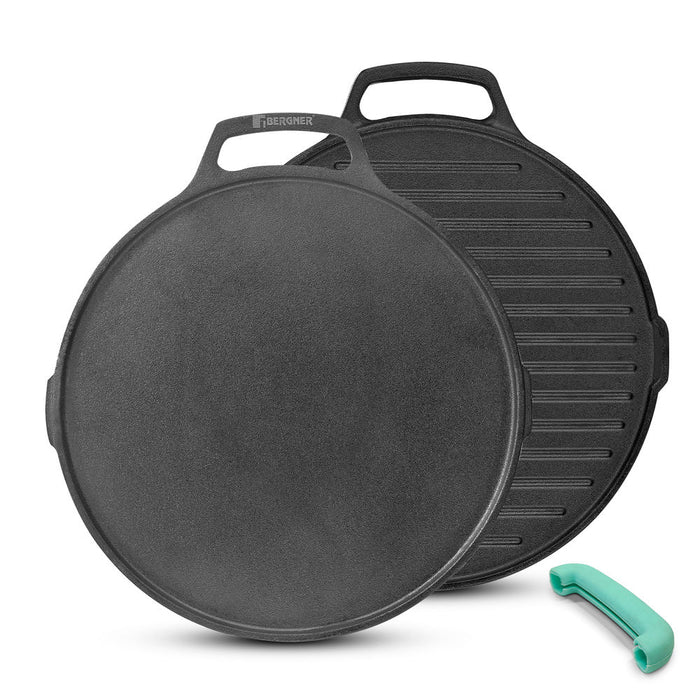 Eco Cast Iron Double Side Grill Pan 26 cm | Reversible Grill & Flat Pan | Induction Ready