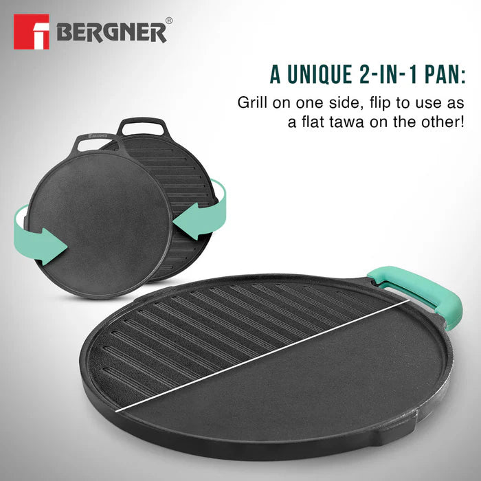 Eco Cast Iron Double Side Grill Pan 26 cm | Reversible Grill & Flat Pan | Induction Ready