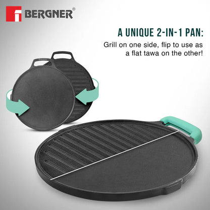Eco Cast Iron Double Side Grill Pan 26 cm | Reversible Grill & Flat Pan | Induction Ready