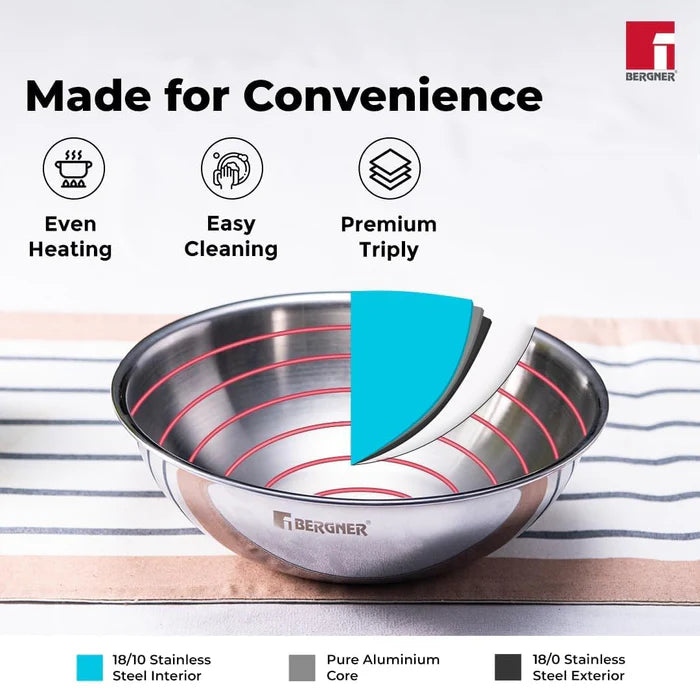 Argent TriPly Stainless Steel Tasra | Even Heat Distribution | Less Oil Use | Durable & Healthy Cooking | Induction & Gas Compatible
