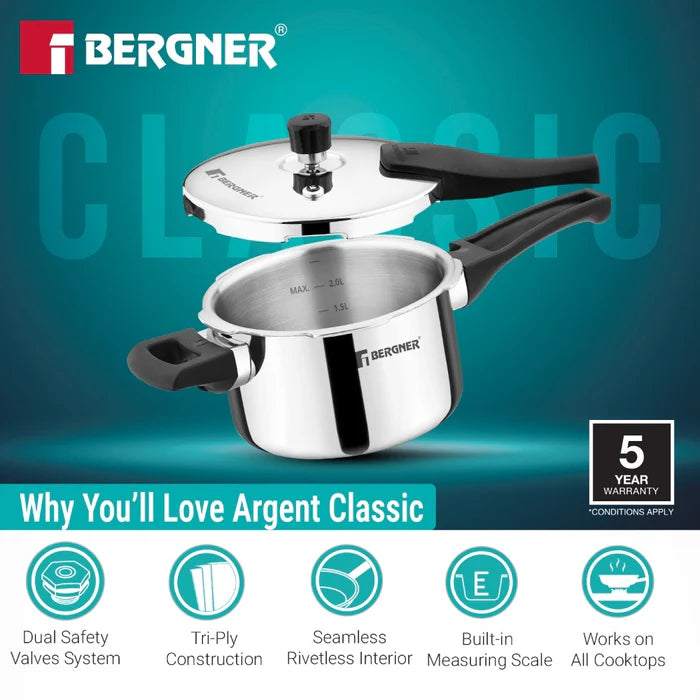 Argent Classic Triply Outer Lid Pressure Cooker | Induction & Gas Compatible