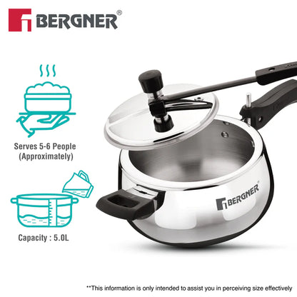 Shouraya Tri-Ply Stainless Steel Inner Lid Belly Pressure Cooker 5 L | Rivetless Technology | Even & Faster Heating | ISI Certified | Toxin-Free | Gas & Induction Compatible