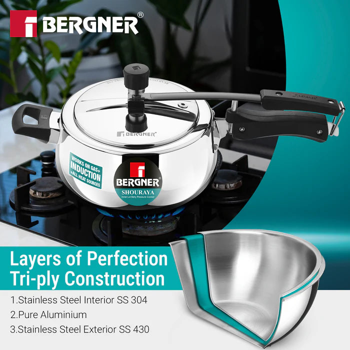 Shouraya TriPly Stainless Steel Inner Lid Belly Pressure Cooker 3.5 L | Rivetless Technology | Even & Faster Heating | ISI Certified | Toxin-Free | Gas & Induction Compatible