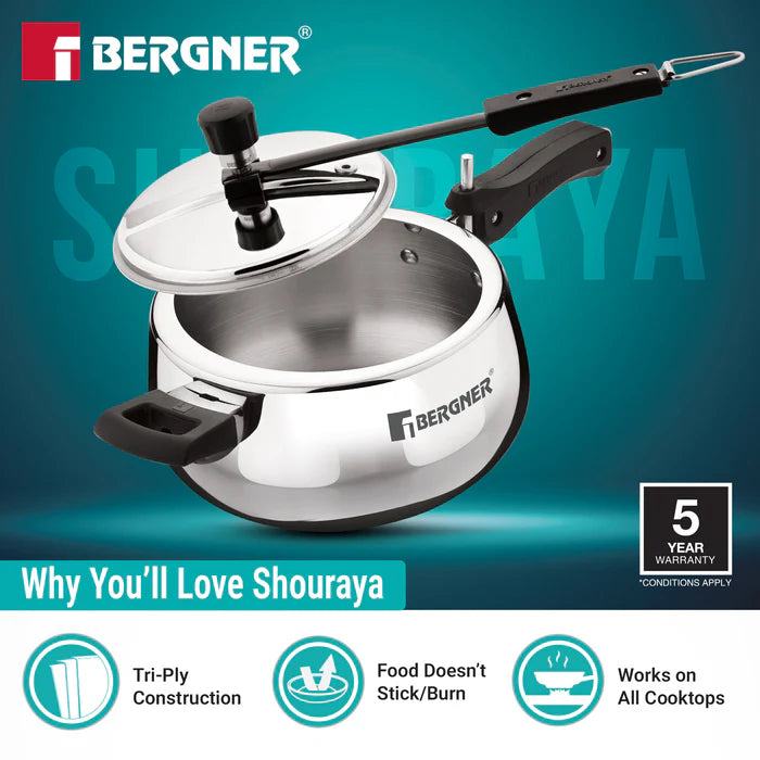 Shouraya TriPly Stainless Steel Inner Lid Belly Pressure Cooker 3.5 L | Rivetless Technology | Even & Faster Heating | ISI Certified | Toxin-Free | Gas & Induction Compatible
