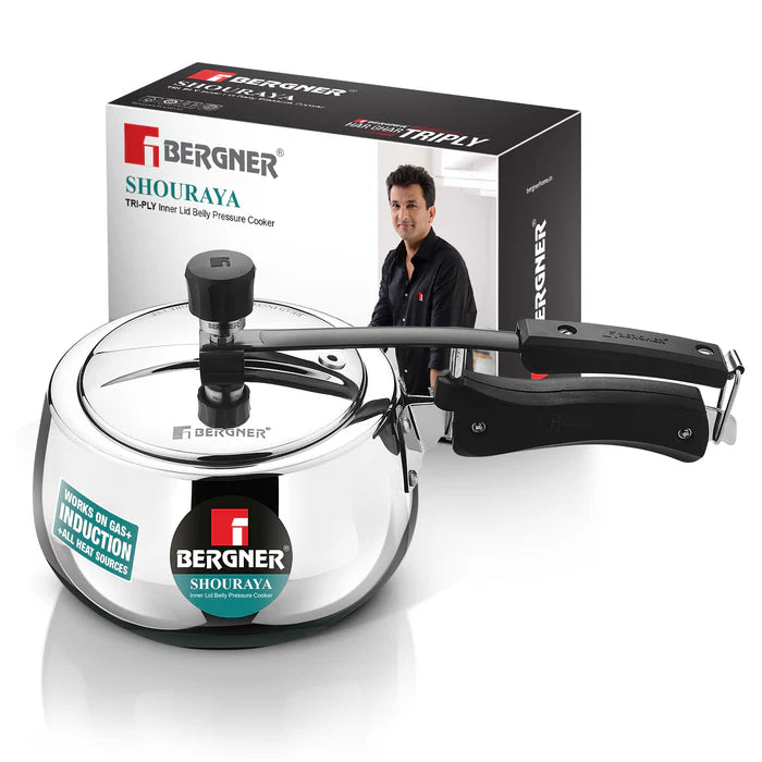 Shouraya TriPly Stainless Steel Inner Lid Belly Pressure Cooker 2.5 L | Rivetless Technology | Even & Fast Heating | ISI Certified | Gas & Induction Compatible