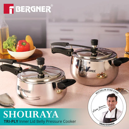 Shouraya TriPly Stainless Steel Inner Lid Belly Pressure Cooker 2.5 L | Rivetless Technology | Even & Fast Heating | ISI Certified | Gas & Induction Compatible