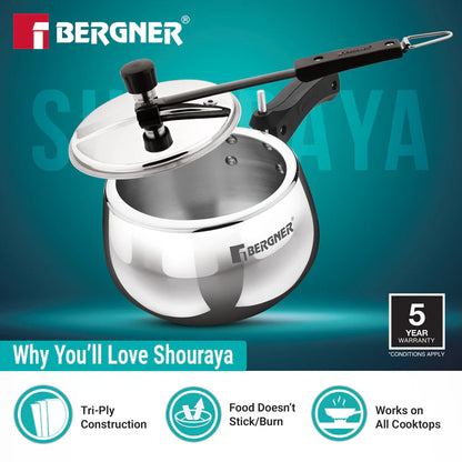 Shouraya TriPly Stainless Steel Inner Lid Belly Pressure Cooker 2.5 L | Rivetless Technology | Even & Fast Heating | ISI Certified | Gas & Induction Compatible