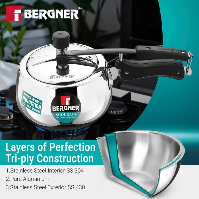 Shouraya TriPly Stainless Steel Inner Lid Pressure Cooker 1.5 L | Belly Shape | Induction & Gas Ready