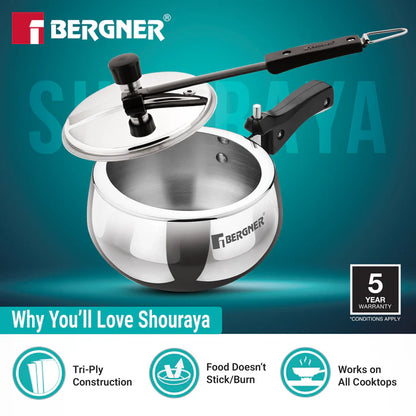 Shouraya TriPly Stainless Steel Inner Lid Pressure Cooker 1.5 L | Belly Shape | Induction & Gas Ready