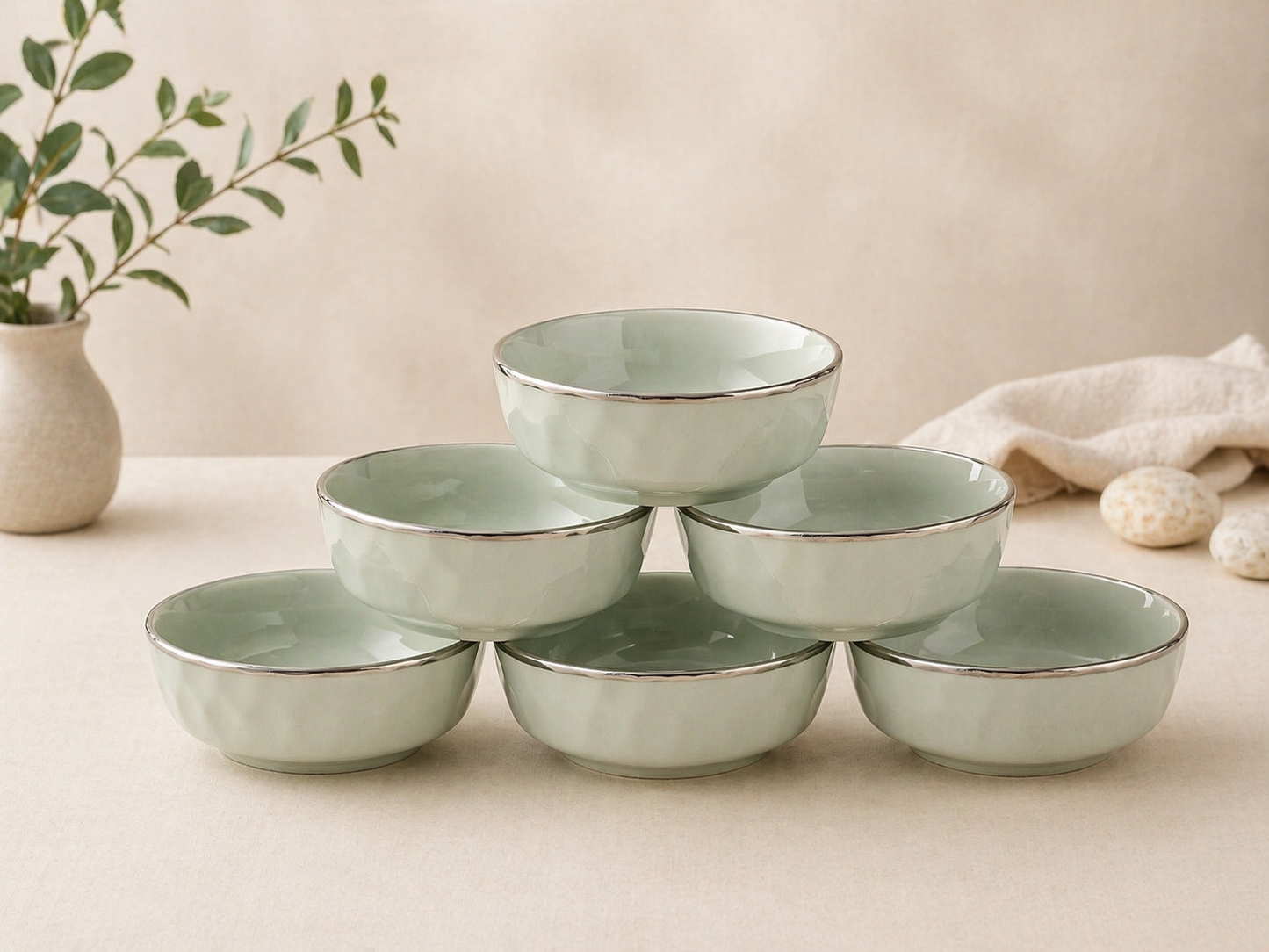 Tachiso Minimal Sage Green Bowl Set – Premium Ceramic Serving Bowls (Set of 6)