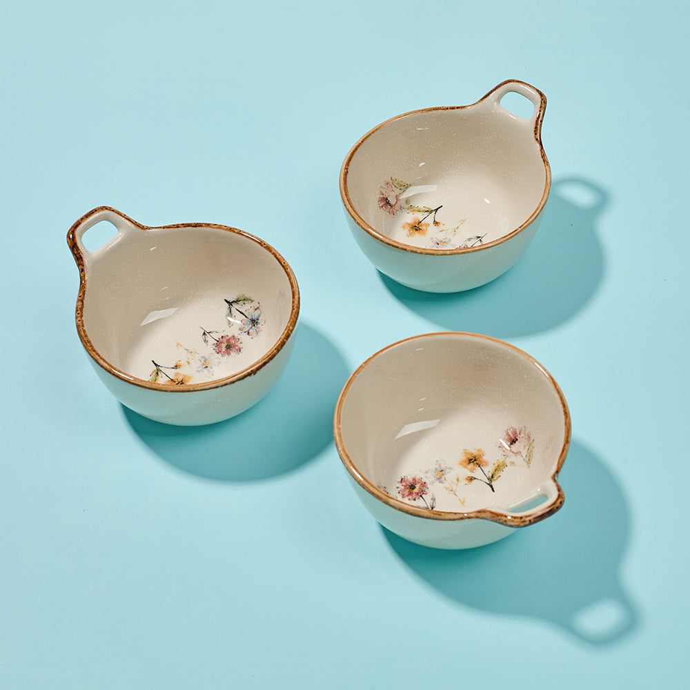 Delicate Wildflower Ceramic Bowls with Gold Rim and Handle