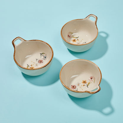 Delicate Wildflower Ceramic Bowls with Gold Rim and Handle