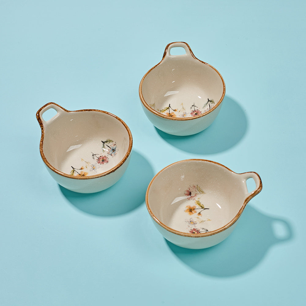 Delicate Wildflower Ceramic Bowls with Gold Rim and Handle