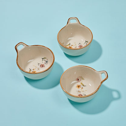 Delicate Wildflower Ceramic Bowls with Gold Rim and Handle