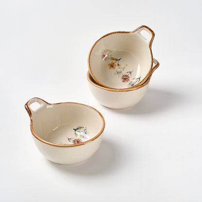 Delicate Wildflower Ceramic Bowls with Gold Rim and Handle