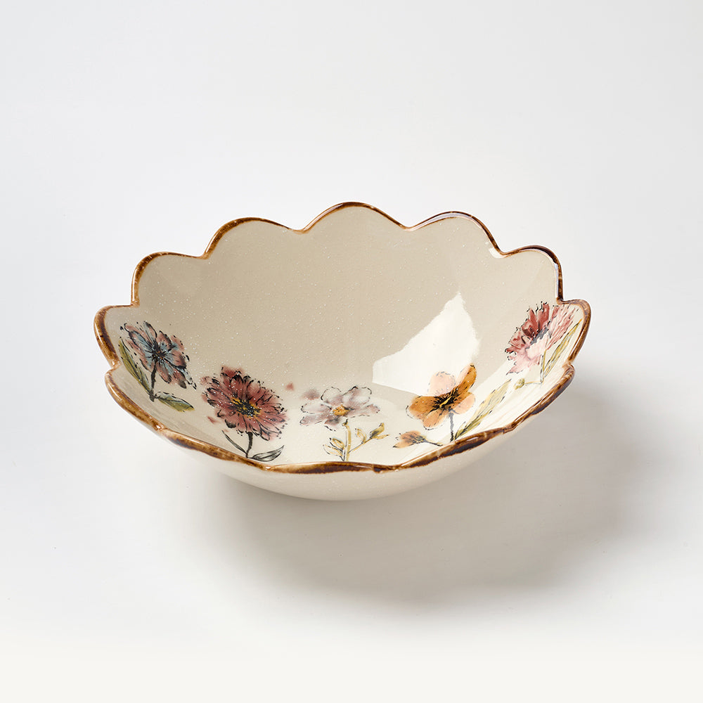 Scalloped Edge Floral Ceramic Bowls with Gold Rim