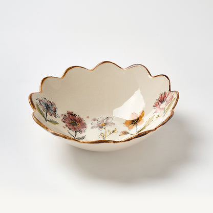 Scalloped Edge Floral Ceramic Bowls with Gold Rim
