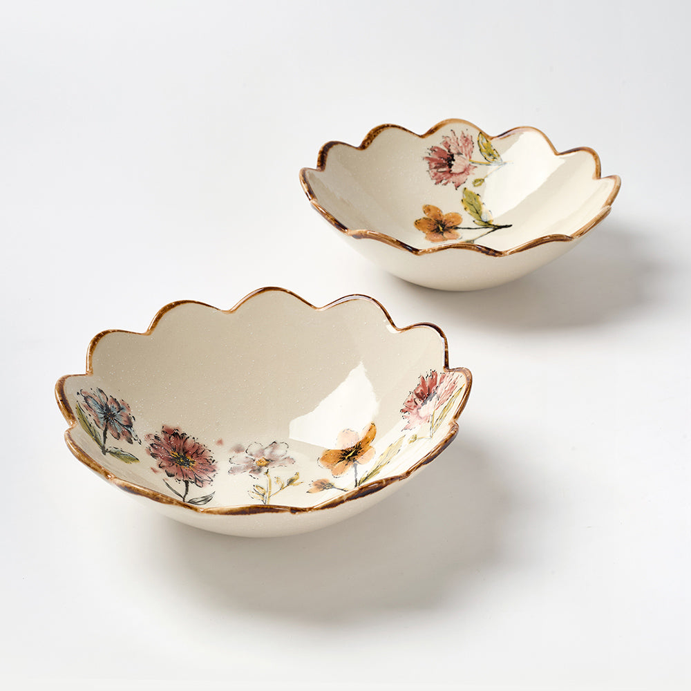 Scalloped Edge Floral Ceramic Bowls with Gold Rim