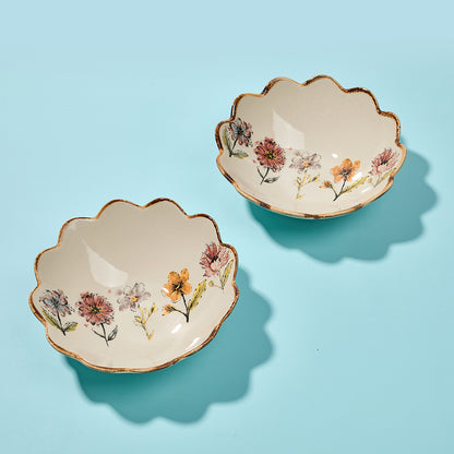 Scalloped Edge Floral Ceramic Bowls with Gold Rim