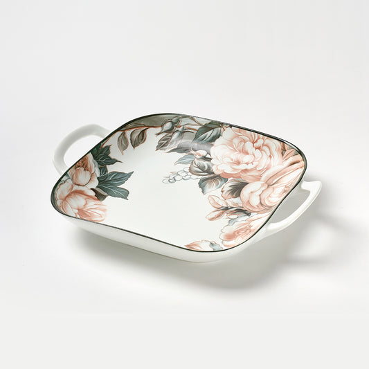 Vintage Rose Pattern Ceramic Serving Dish with Handles