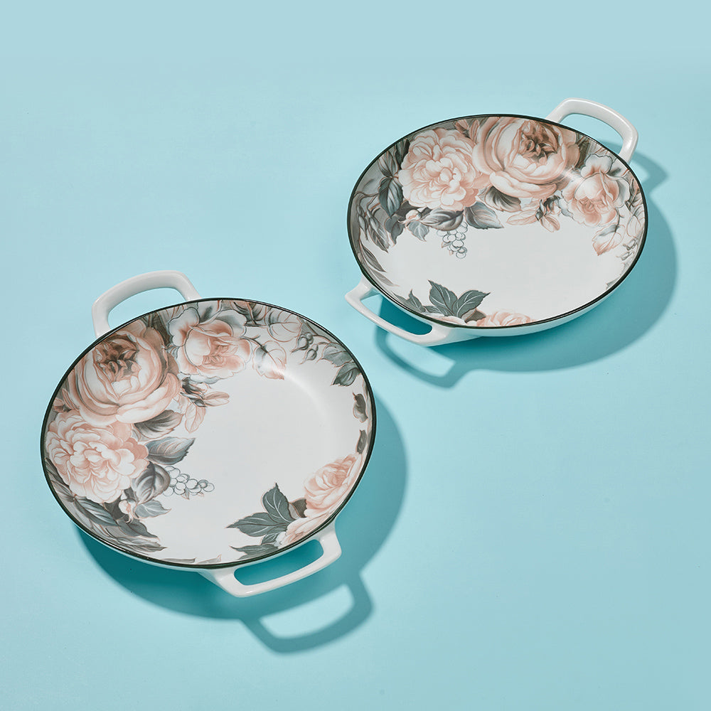 Vintage Rose Pattern Ceramic Serving Dishes with Dark Rim