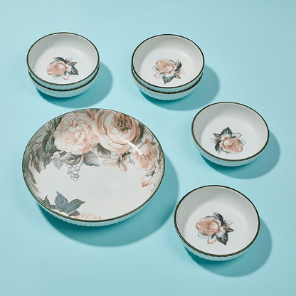 Vintage Rose Pattern Ceramic Bowl Set with Dark Rim