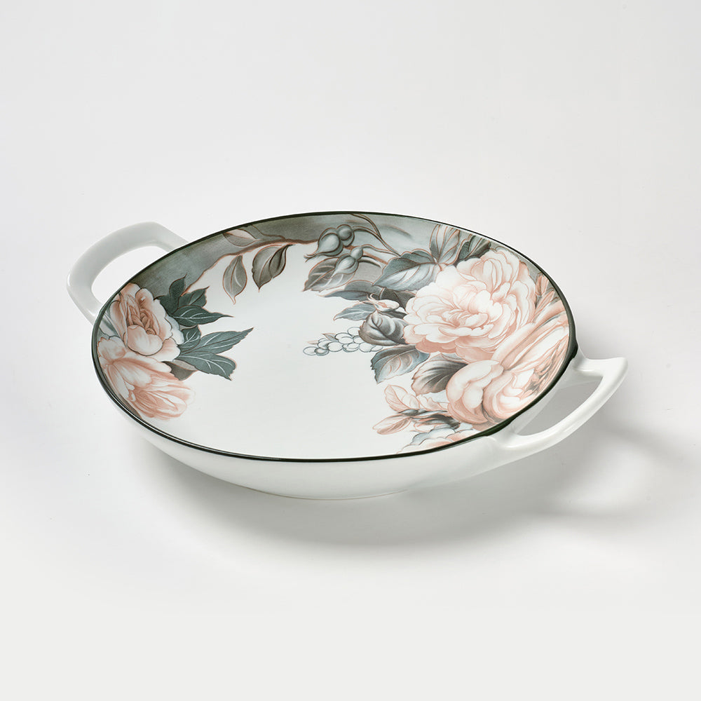 Vintage Rose Pattern Ceramic Serving Dishes with Dark Rim