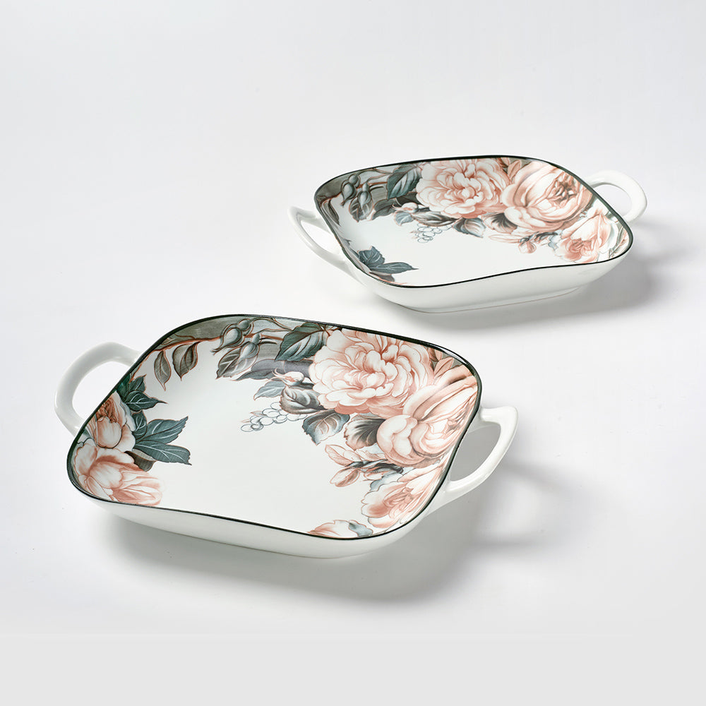 Vintage Rose Pattern Ceramic Serving Dish with Handles