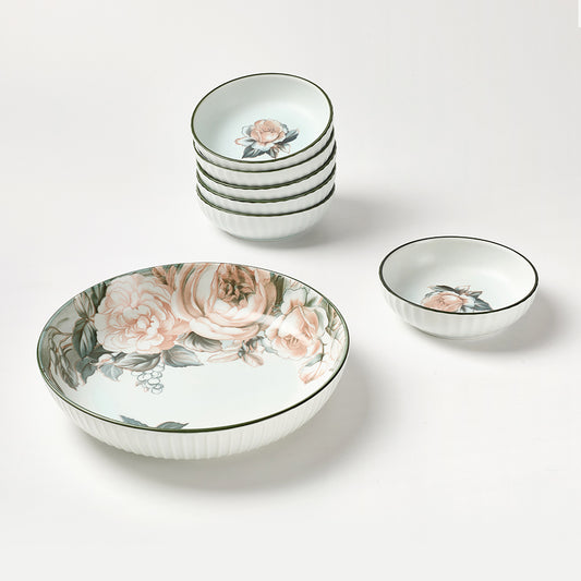 Vintage Rose Pattern Ceramic Bowl Set with Dark Rim