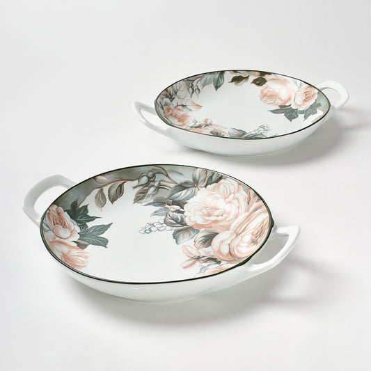 Vintage Rose Pattern Ceramic Serving Dishes with Dark Rim