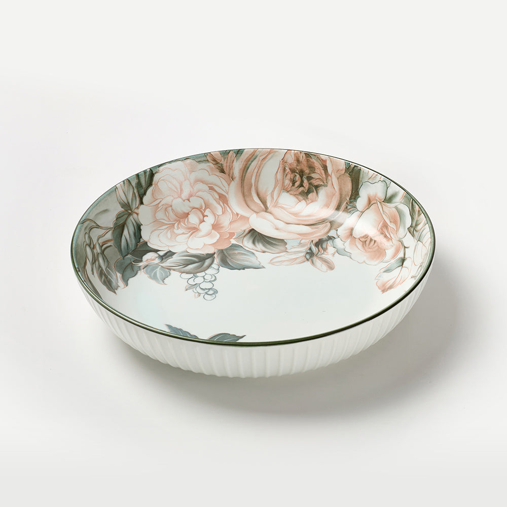 Vintage Rose Pattern Ceramic Bowl Set with Dark Rim