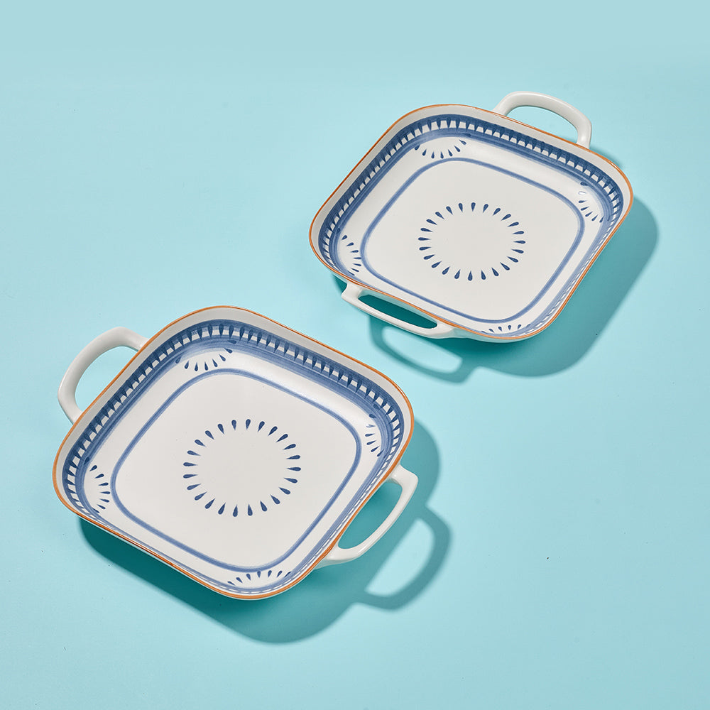 Blue and White Geometric Pattern Ceramic Baking Dishes with Handles