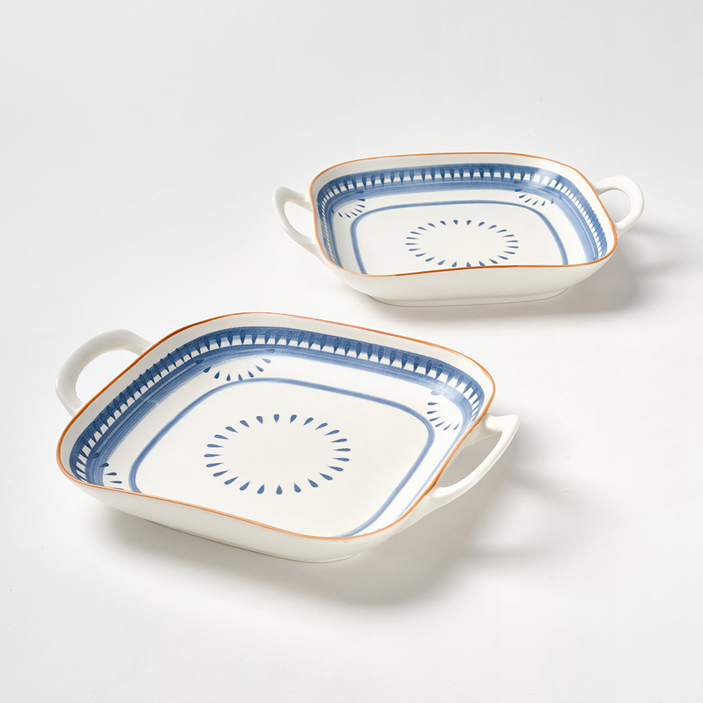 Blue and White Geometric Pattern Ceramic Baking Dishes with Handles