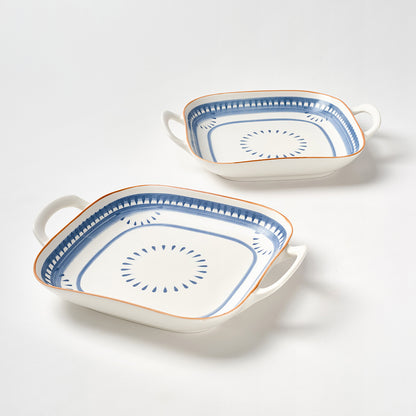 Blue and White Geometric Pattern Ceramic Baking Dishes with Handles
