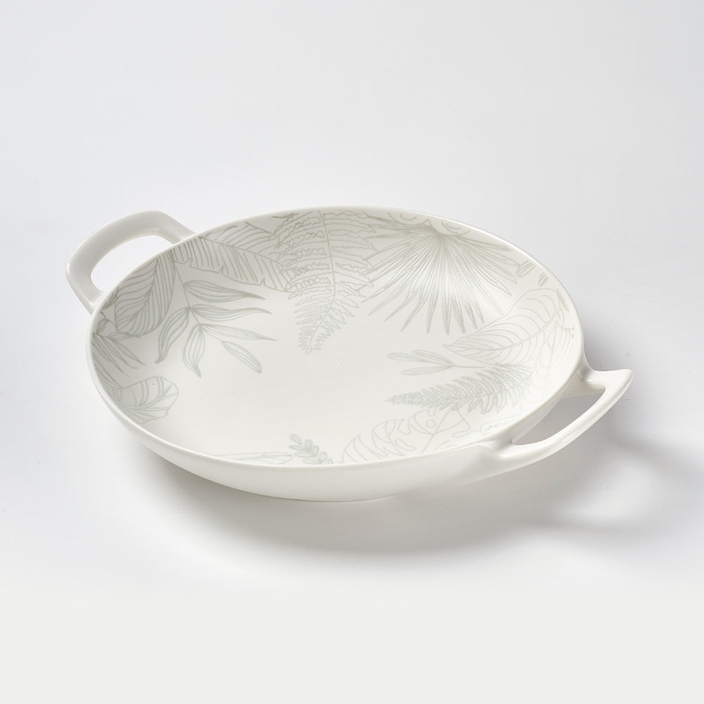 Embossed Tropical Leaf Ceramic Serving Dishes with Handles