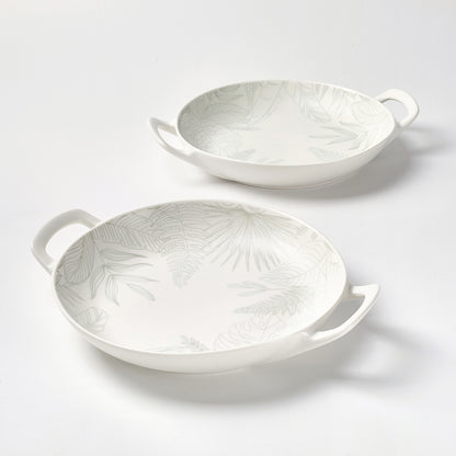 Embossed Tropical Leaf Ceramic Serving Dishes with Handles
