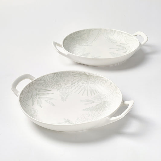 Embossed Tropical Leaf Ceramic Serving Dishes with Handles